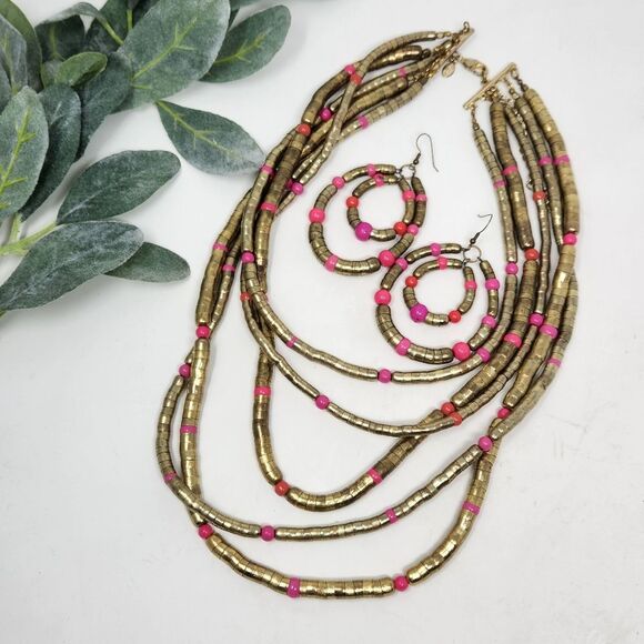 CHICOS Long Layered Geometric Chunky Necklace Pink Antique Gold Earrings Set - Picture 1 of 7
